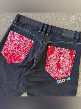 Coogi Mermaid Siren Ship Art Embroidered Raw Denim Jeans Sz 40x34 Hip Hop Baggy